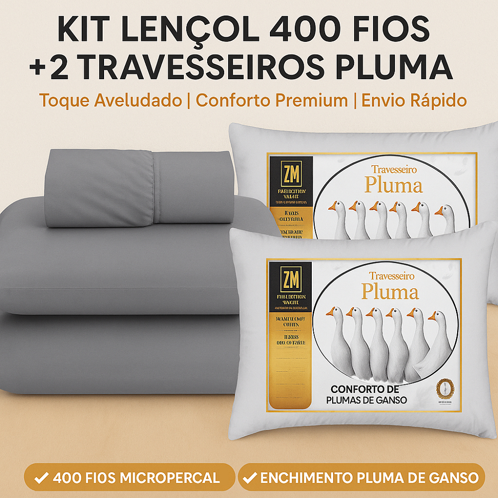 Kit Jogo de Lençol Casal 400 Fios com Elástico + 2 Travesseiros Pluma de Ganso em Oferta na Shopee