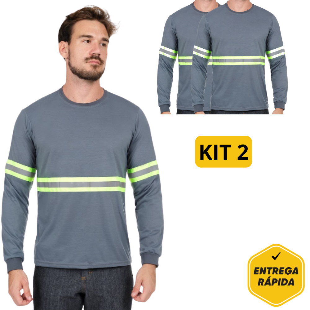 Kit 2x Camiseta Longa Profissional PV Malha Fria Faixa Refletiva Segurança Construção Eletricista em Oferta na Shopee