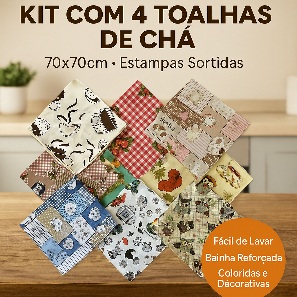 Kit Toalha de Chá com 4 Peças 70cm x 70cm em Oferta na Shopee