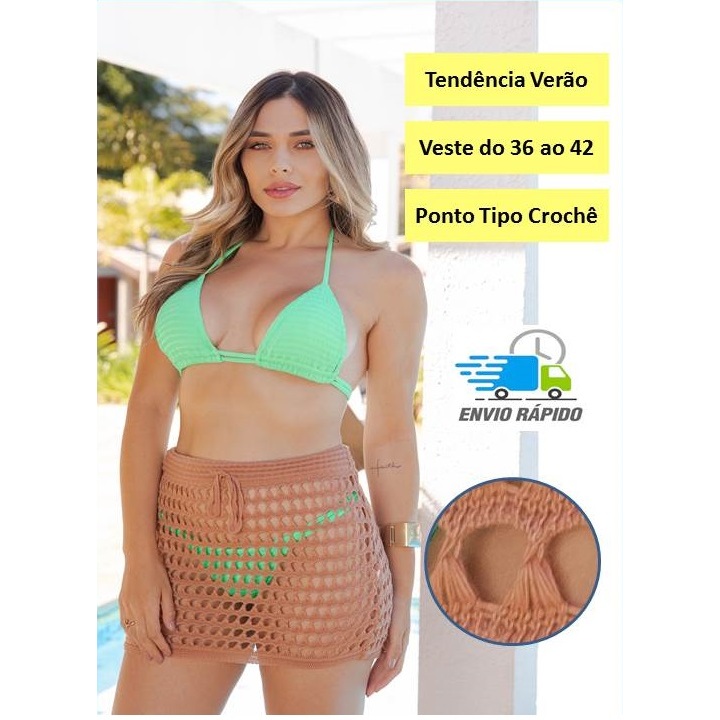 Saia Saída de Praia Curta Tricot para Piscina Rendada estilo crochê saida tricô furos trico croche