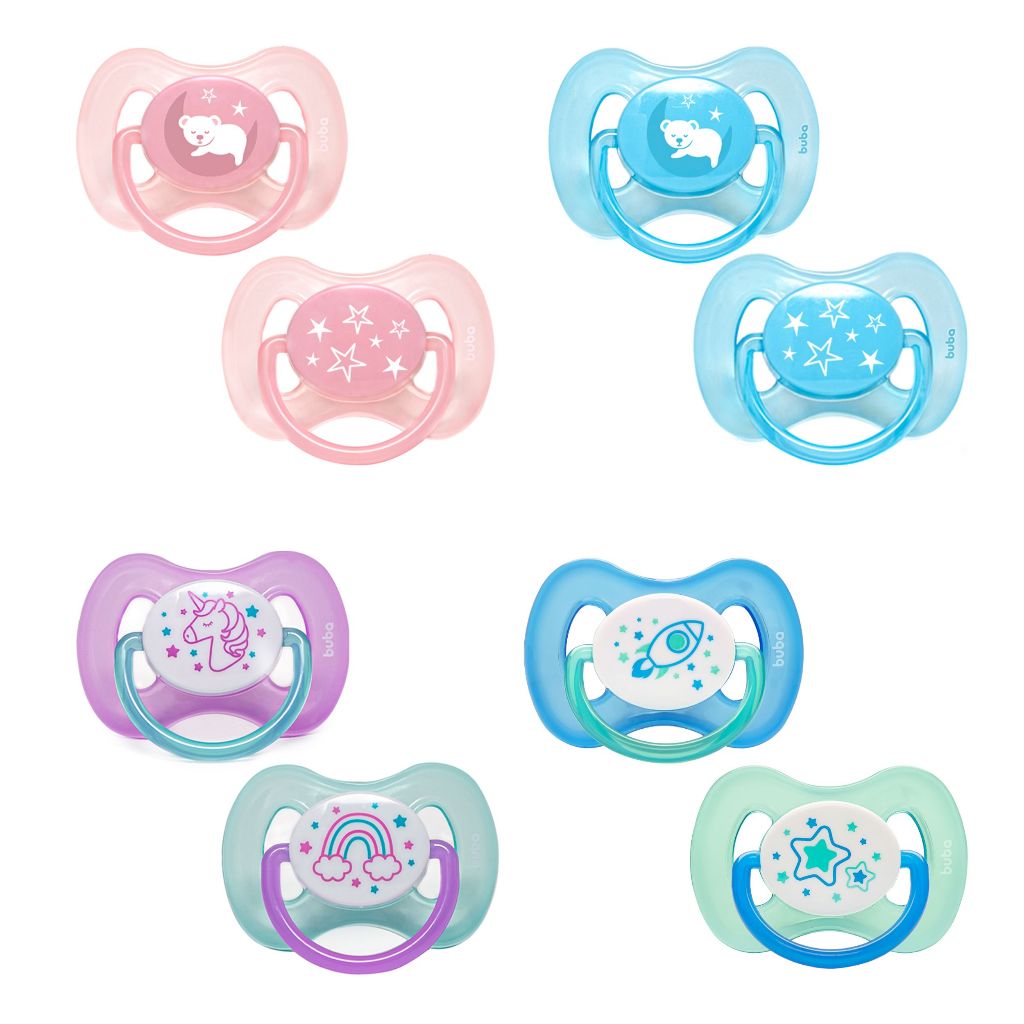 Kit 2 Chupetas Comfort Brilha no Escuro – Tamanho 1 (0 a 6 meses) ou Tamanho 2 (+6 meses) – Buba em Oferta na Shopee