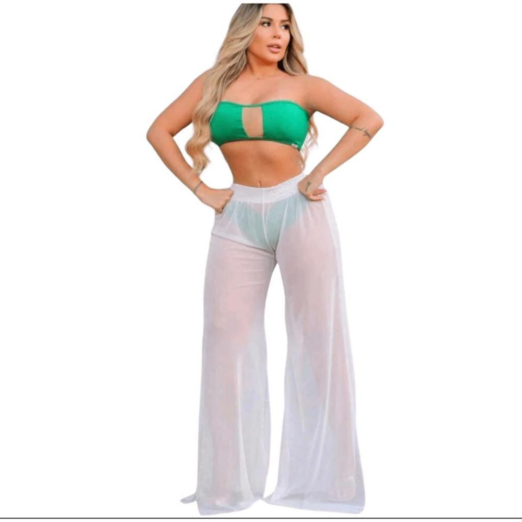 Calça de Tulle Pantalona com Cós na Calça Praia Piscina Final de Ano Natal Ano Novo Tule Saida de Praia Moda Feminina