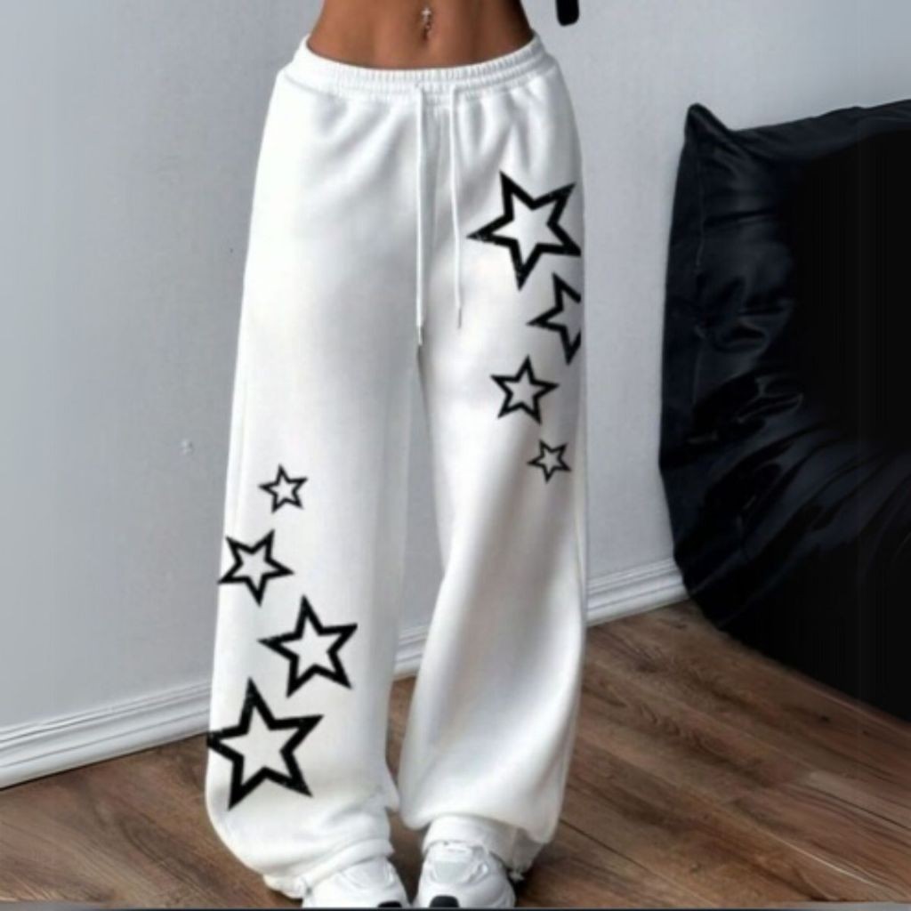 Calça Moletom Wide Leg Unissex Estilo Streetwear Confortável Modelo: "Estrelas em Cima e em Baixo" - Novidade Especial em Oferta na Shopee
