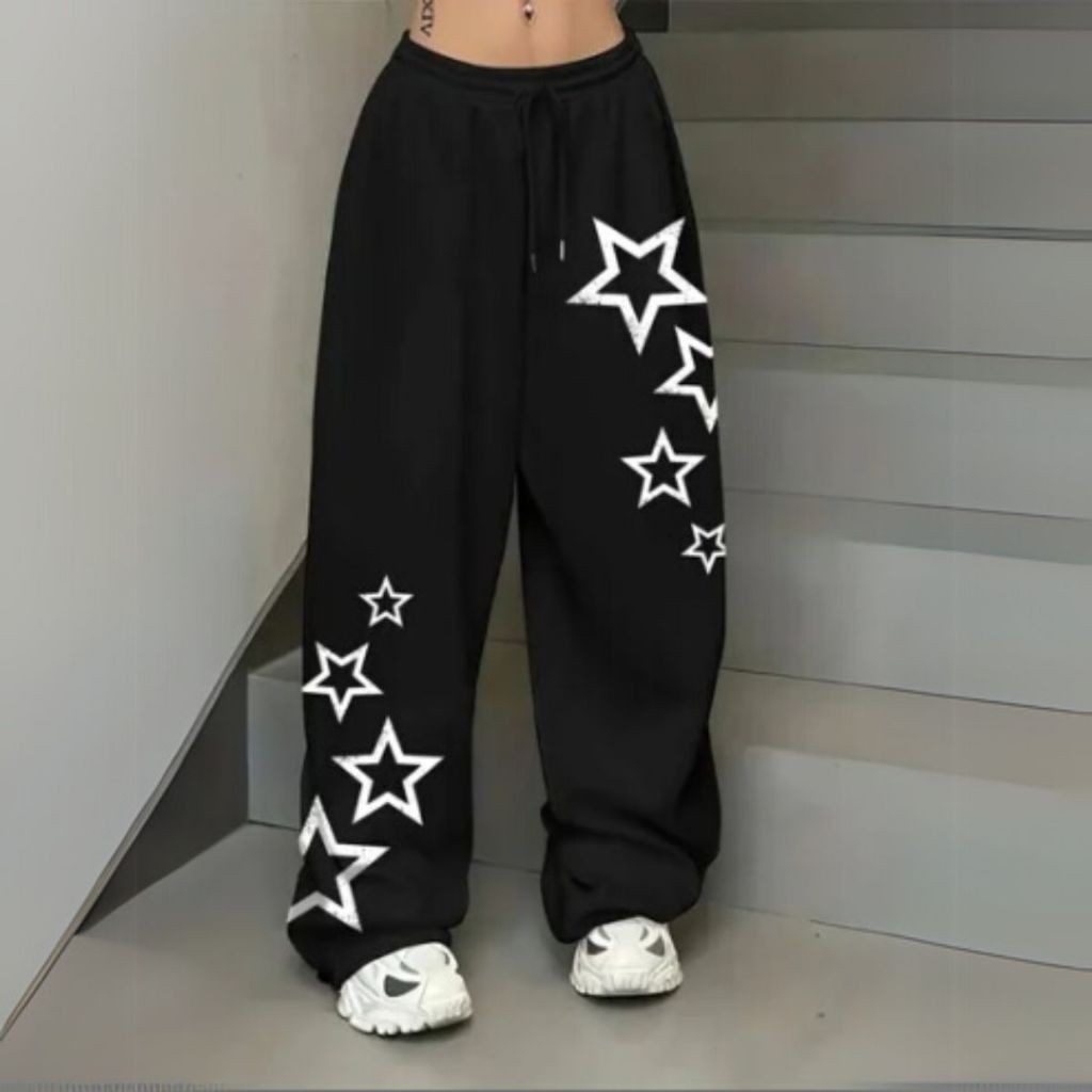 Calça Moletom Wide Leg Unissex Estilo Streetwear Larga Flanelada Estrelas Destacadas em Oferta na Shopee