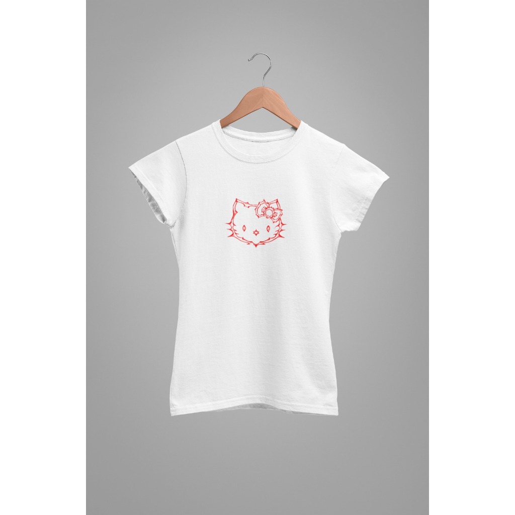 Baby Tee Y2K Feminina- Estampa Kittyzinha, Conforto Elástico e Versátil para Primavera/Verão/Outono