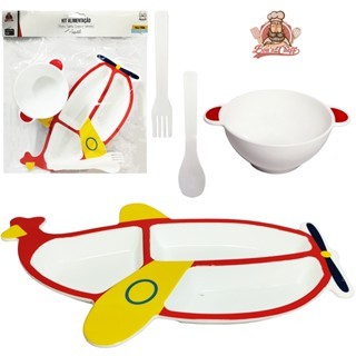 Kit 5 Pratinhos Alimentação / Papinha Com Tigela E Talher De Plástico Avião