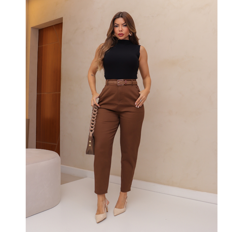Calça Feminina Social Brim Sarja Elastano Moda Com Cinto Bolso 3RD SD1539