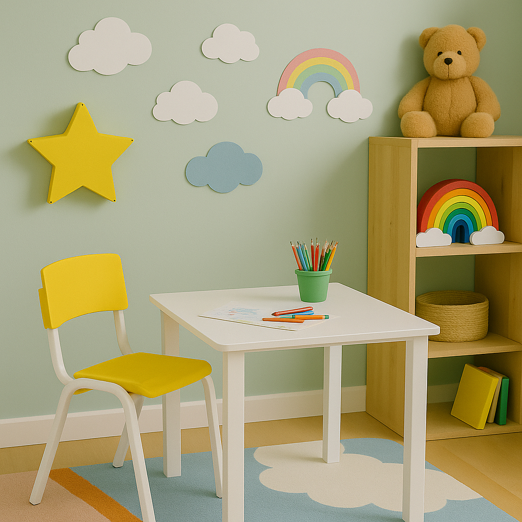Kit Conjunto Mesa Infantil Quadrada com 1 Cadeira Amarela Estudo Educativa Atividades Clinica Igreja