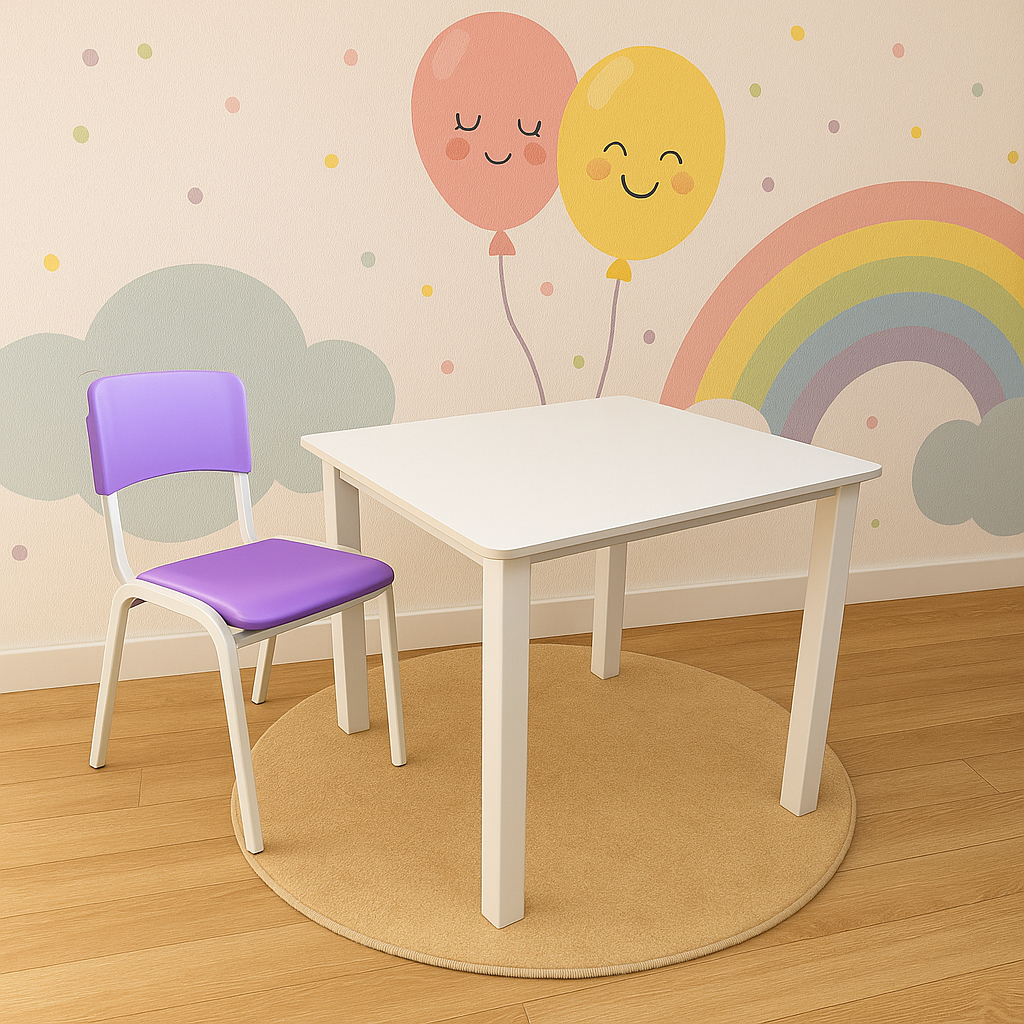 Conjunto Mesa Infantil Quadrada Com 1 Cadeira Roxa/Lilás Estudo Educativa Atividades Clinica Igreja