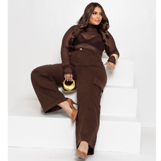 Calça Jeans Feminina Wide Leg Cargo Plus Size Marrom em Oferta na Shopee