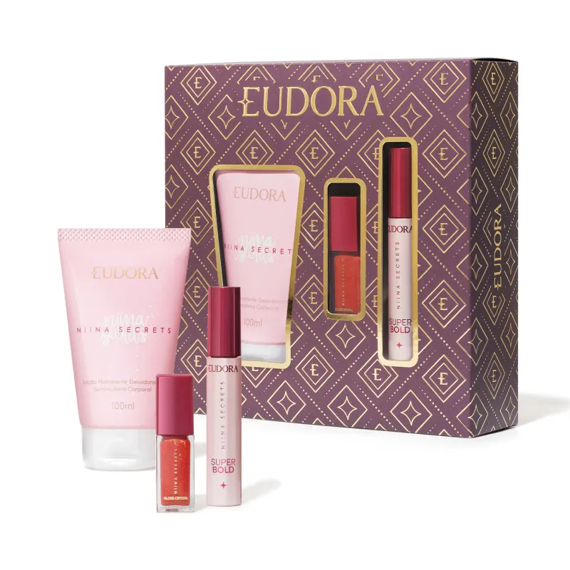 Kit Presente Niina Secrets Eudora (3 itens): Loção Hidratante, Gloss Crystal Jaspe e Máscara para Cílios Super Bold