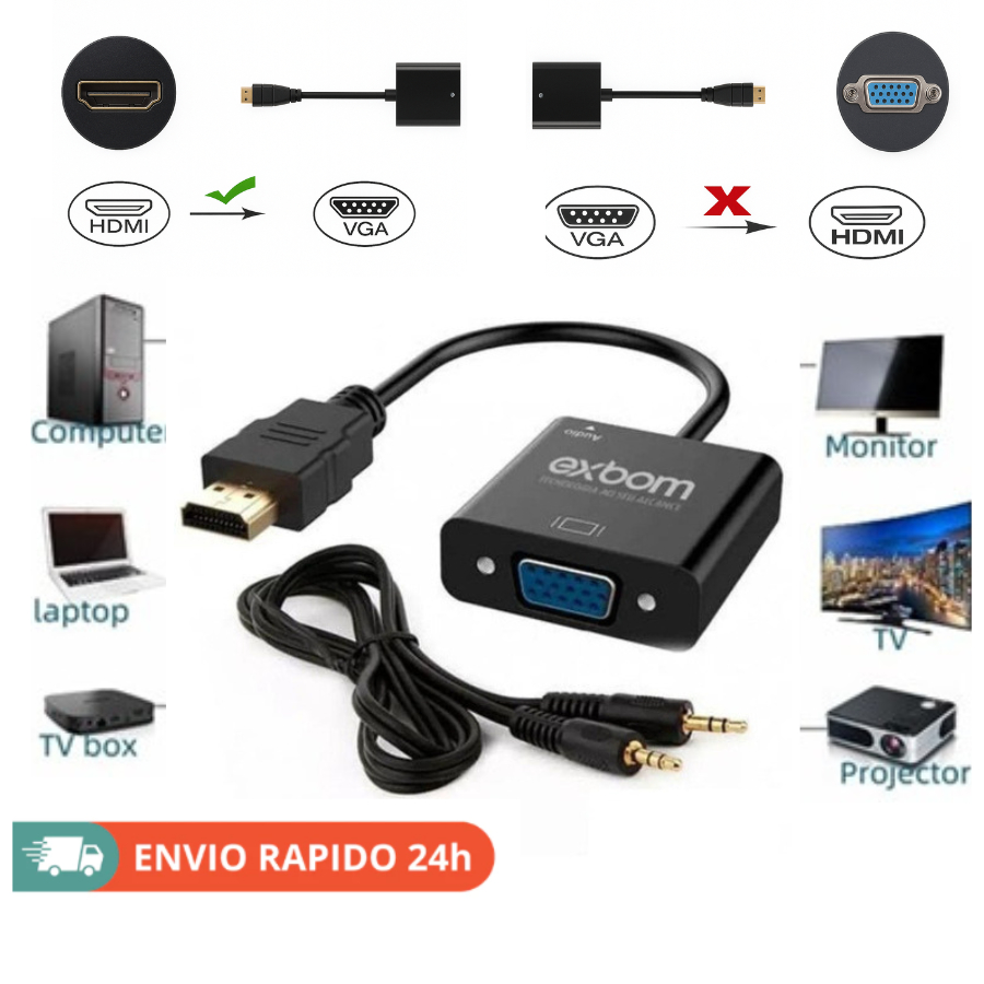 Cabo Conversor Adaptador Hdmi Para Vga Com Saída P2 Áudio em Oferta na Shopee