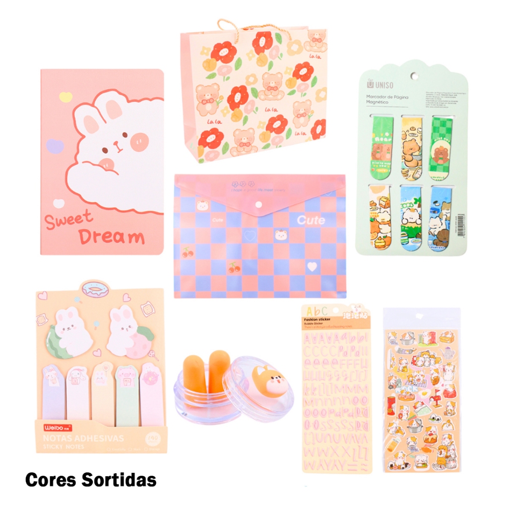 Kit Papelaria Fofa Itens Criativos Kawaii Cores e Estampas Diversas de Animais - Uniso
