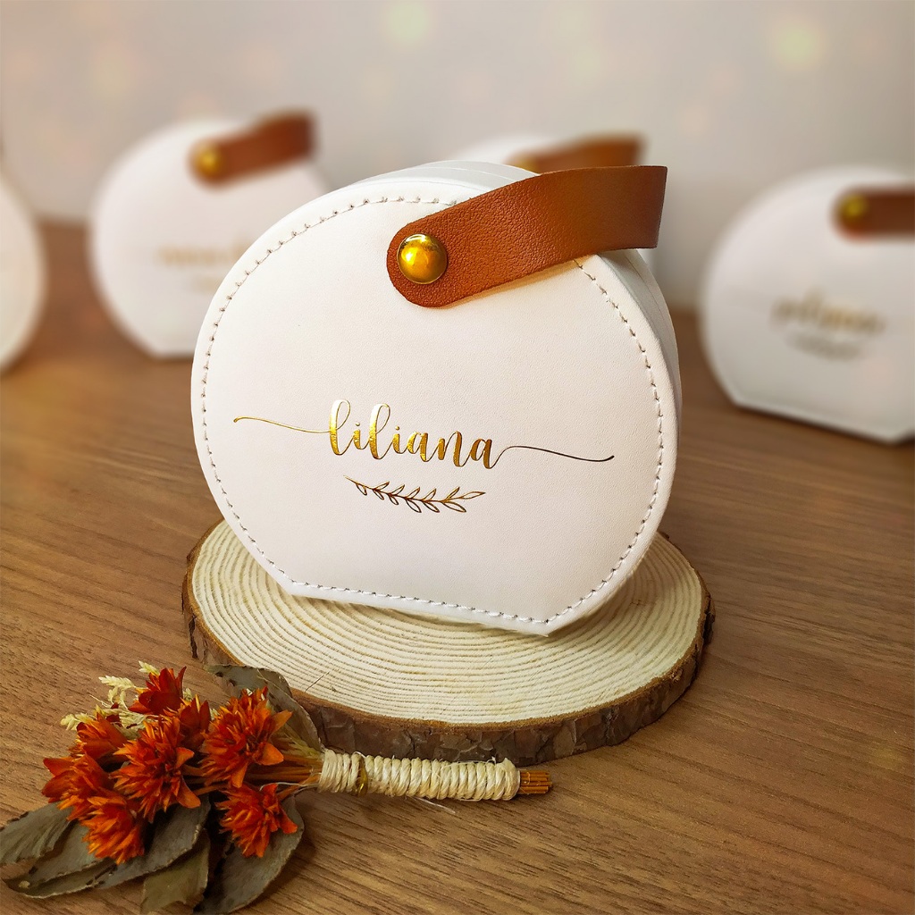 Porta Joia Lua com Alça Personalizado Nome Dourado para Madrinhas Casamento ou Presente Corporativo