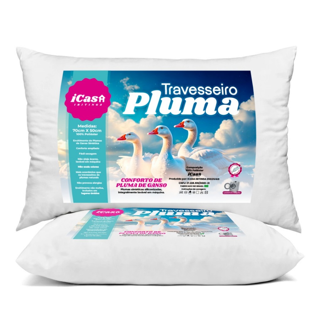 Kit 2 Travesseiros Plumas e Penas Ganso 100% Toque Macio Antialérgico
