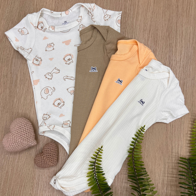 Body Infantil Manga Curta Kit 4 Peça Liso e Estampado Canelado Menino Menina Algodão Macio