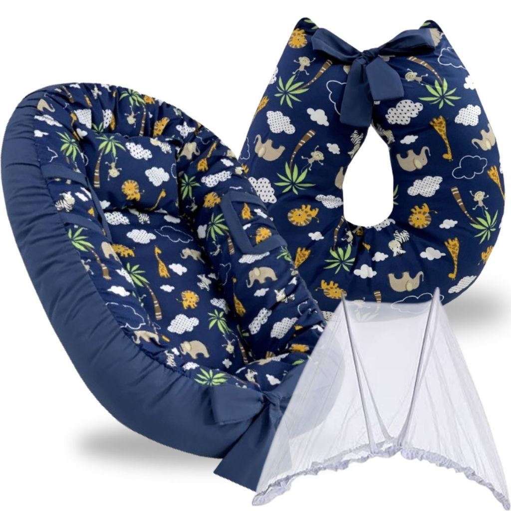 Ninho Redutor Berço Bebe Almofada Amamentação Mosquiteiro Kit 3 Peças Menina Menino Safari Rosa Azul em Oferta na Shopee