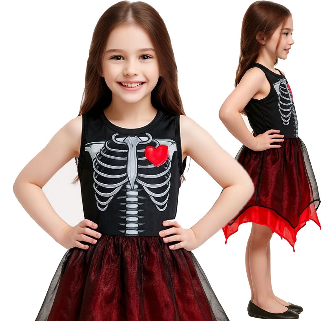 Fantasia Caveira Esqueleta Menina Infantil Criança Menina Roupa Halloween Terror Dia das Bruxas