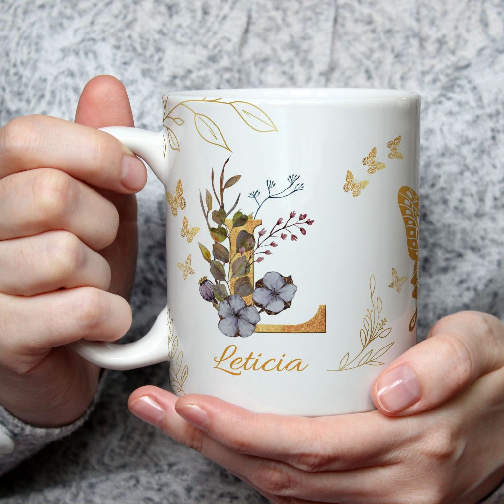 Caneca Xícara Personalizada Nome Floral Cerejeira Porcelana Presente 325ml Todas as Letras em Oferta na Shopee