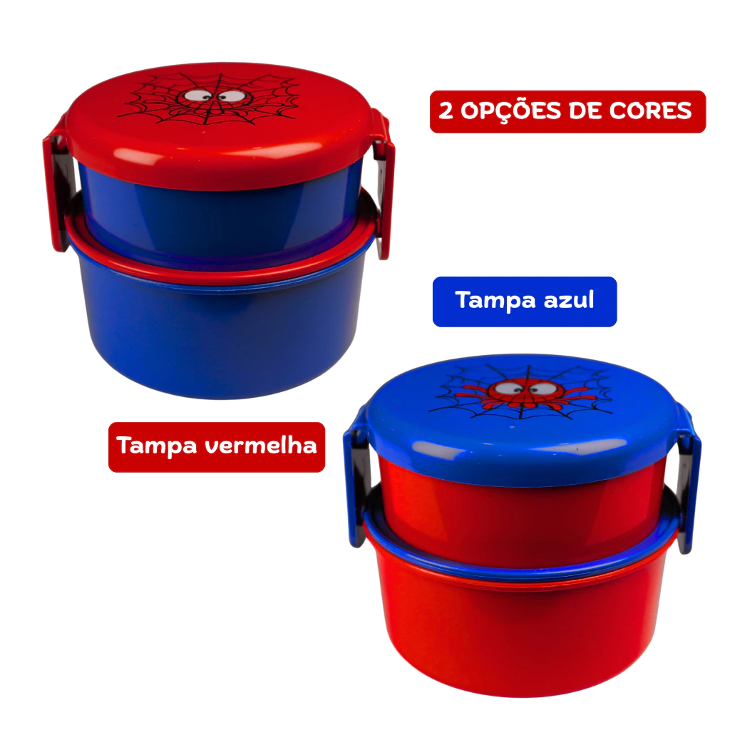 Detalhes do Lancheira Porta Snack 2 em 1 Infantil Modelo Aranha Livre de BPA - 340/280ml + Garfinho - Queen Shop