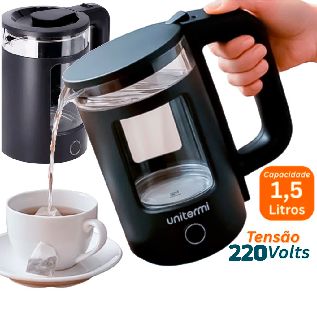 Chaleira Térmica 1,5L Elétrica de Vidro Com Desligamento Automático 1100W 220V Unitermi Mali Preta