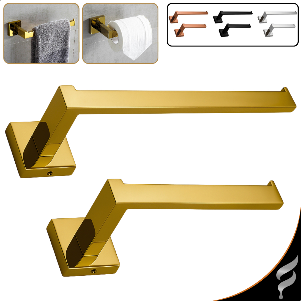Kit Acessórios Banheiro 2 Peças Inox Luxo Porta Toalha e Papeleira Lavabo Dourado Cromado Preto Rose