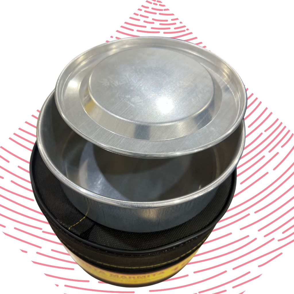 1 marmita termica em aluminio redondo 16cm com estojo de isopor e capa tnt com ziper