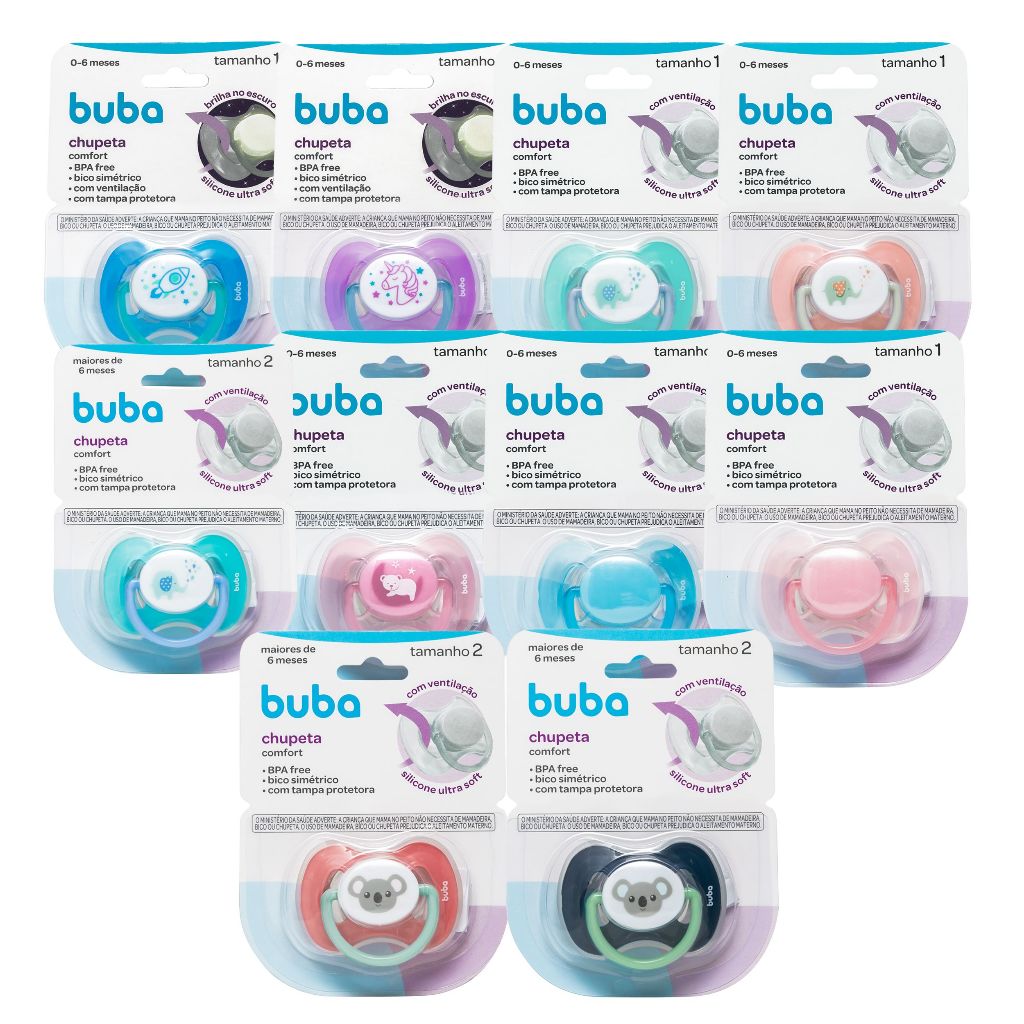 Chupetas Comfort Brilha no Escuro – Tamanho 1 (0 a 6 meses) ou Tamanho 2 (+6 meses) – Buba em Oferta na Shopee