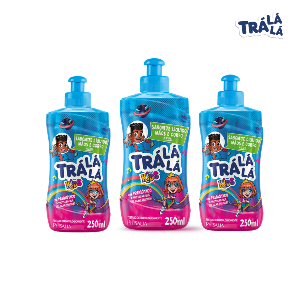 Kit 3 Sabonetes Liquido Azul Mãos e Corpo Trá Lá Lá Kids 250ml