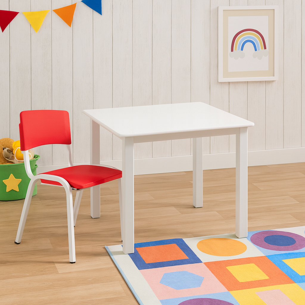 Conjunto Mesa Infantil Quadrada com 1 Cadeirinha Vermelha Estudo Educativa Atividades Clinica Igreja