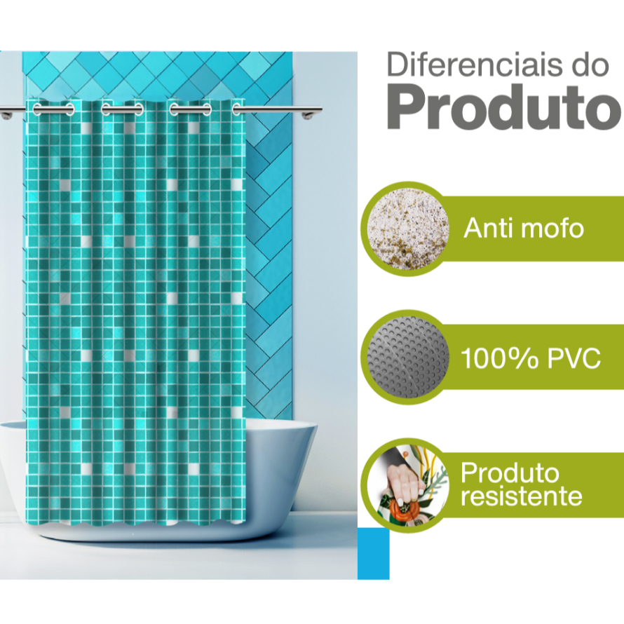 Cortina de Box Para Banheiro Impermeável 100% PVC Anti Mofo Com Ilhós Tamanho 1,38m x 1,98m Fácil Instalação