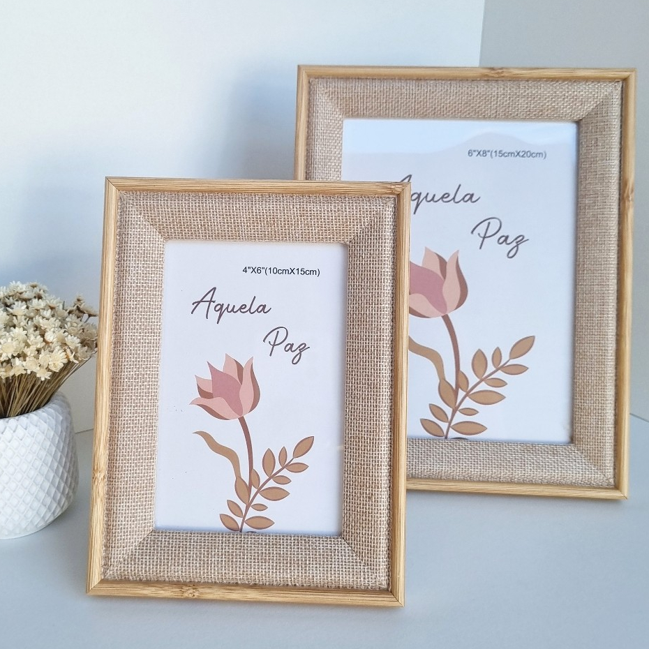 Porta Retrato de Mesa 10x15 e 15x20 Decorativo Com Efeito de Palha Indiana Linho Madeira Creme Bege em Oferta na Shopee
