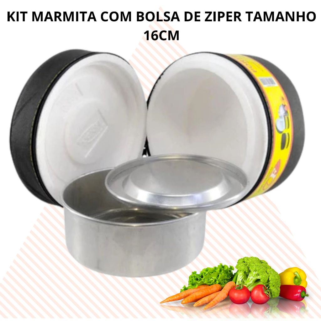 kit marmita aluminio e bolsa termica forrada com isopor 16cm ideal para comidas , almoco jantar, alimentos conservacao
