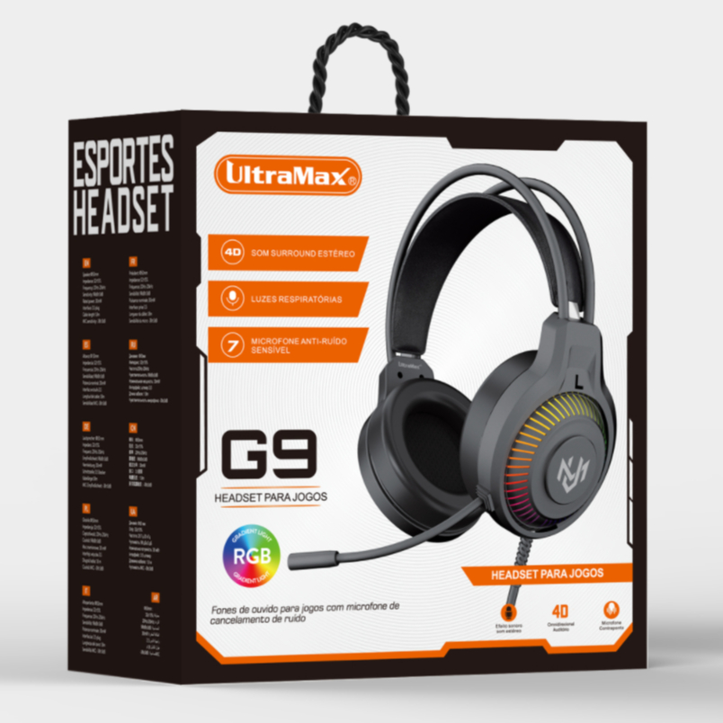 Headset Fone Para Gamer Fone de Ouvido Com Microfone RGB LED Para PS4, PS5, X-one, Celula e Computador Ult-G9