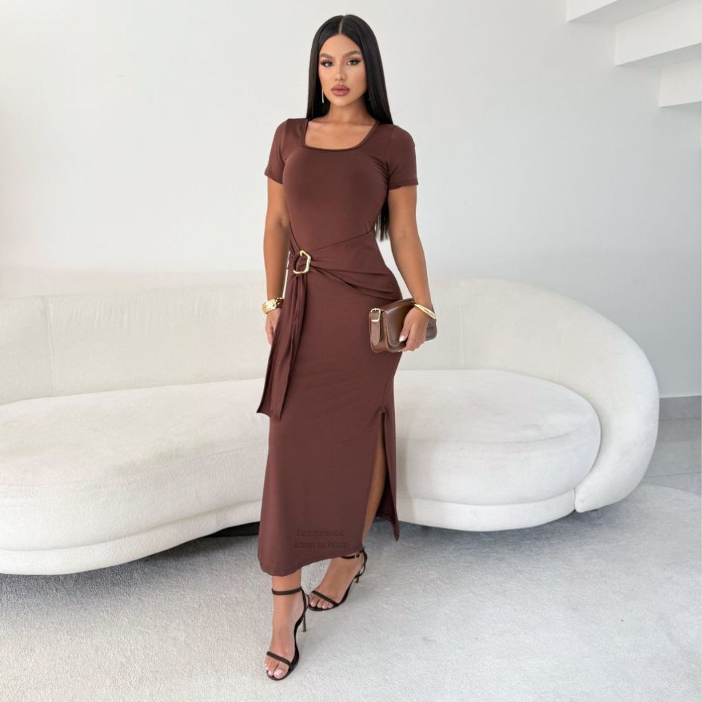 Vestido Longo Elegante Feminino Midi Gola Quadrada com Cinto Manga Curta Social, Festa, Culto Casual
