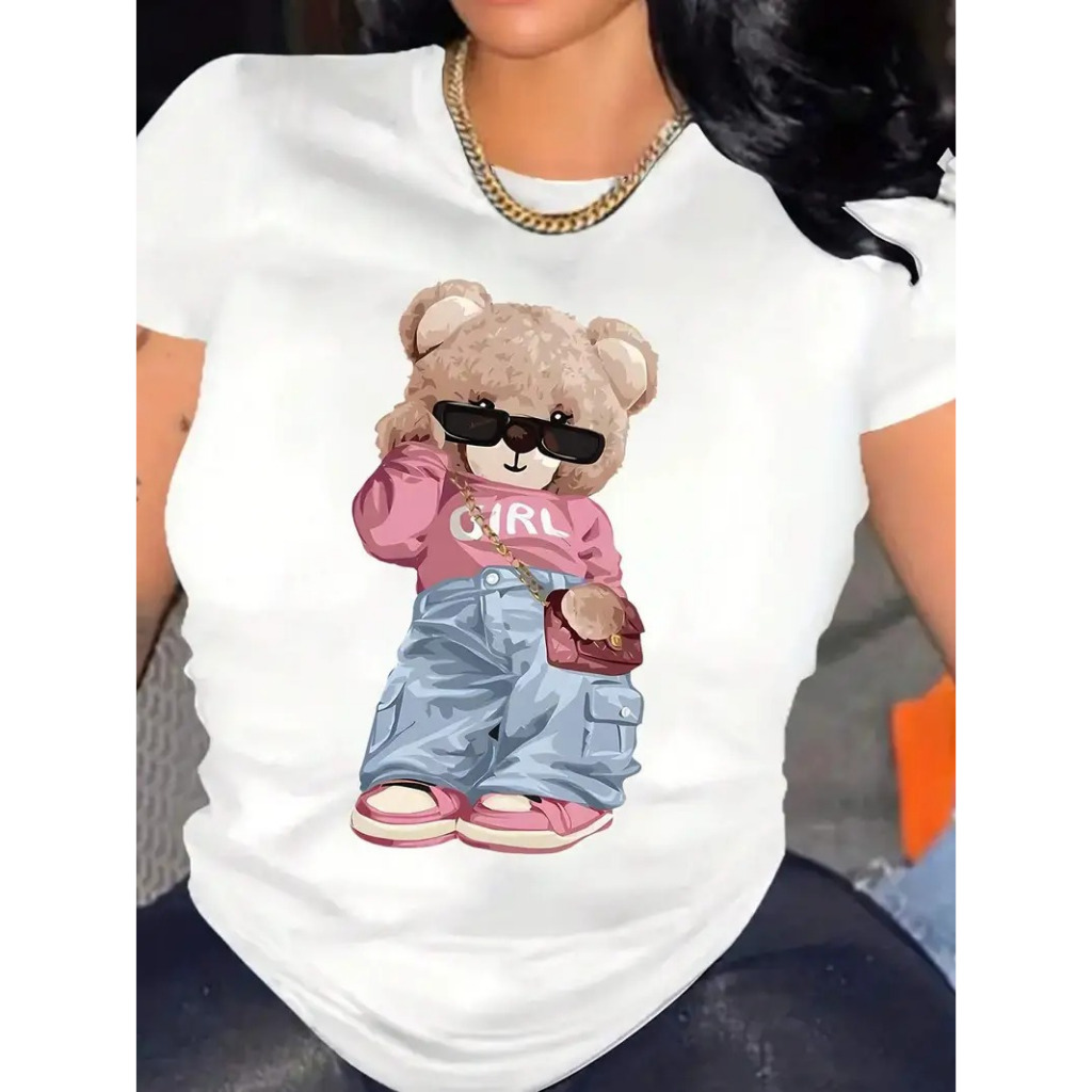 Camiseta Feminina Com Gola Redonda E Estampa De Ursinho Girl