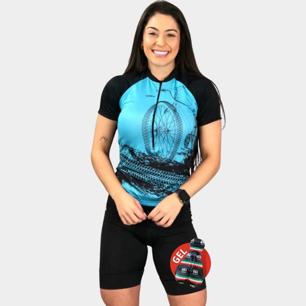 Kit Roupa Feminina Mulher Ciclismo Camisa Proteção Solar Bermuda Short Gel Acolchoado Bike Mtb