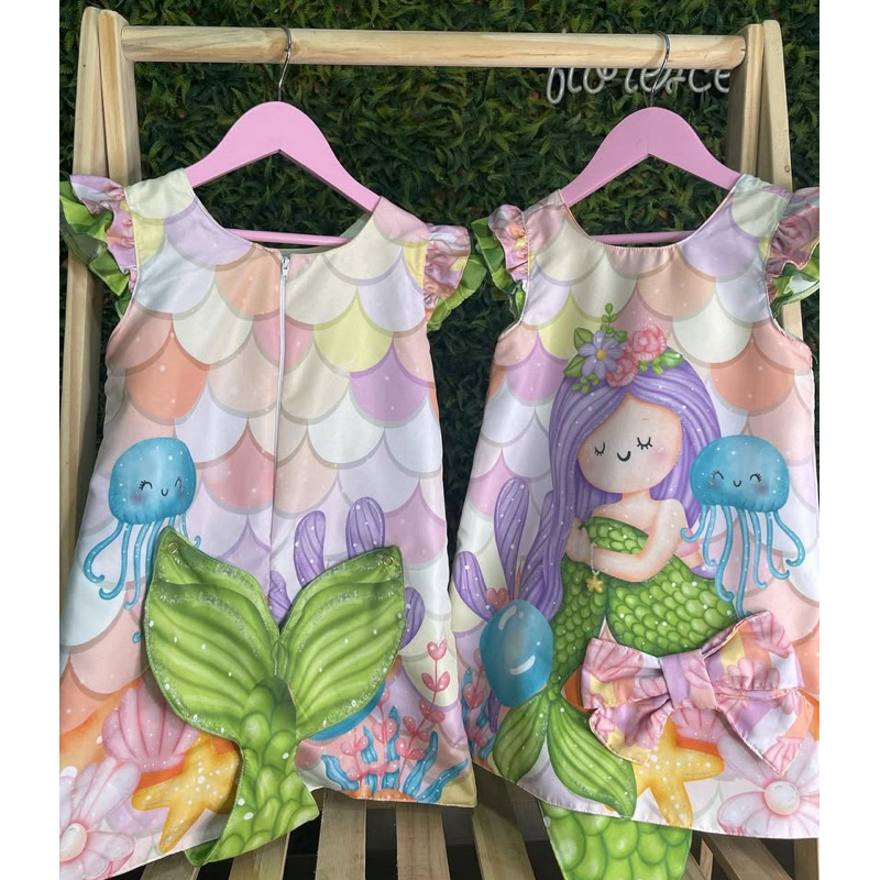 Vestido infantil menina calda de sereia 3D temático festa fantasia