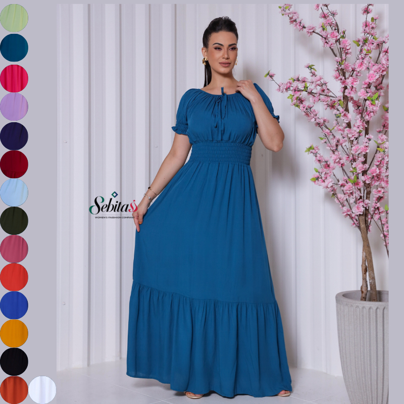 Vestido Feminino Longo Liso Com Forro Elástico na Cintura Festa Evangélico Manga Curta