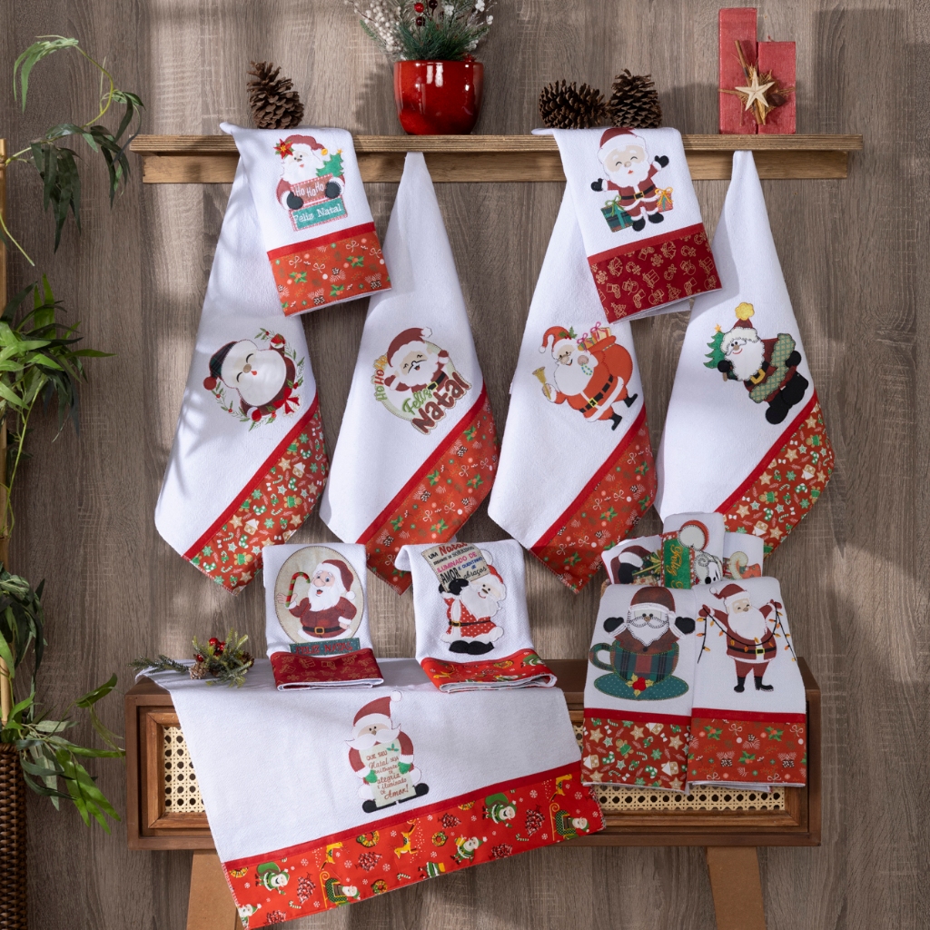 Jogo de 7 Panos de Prato Natal Patchwork Encantado Bordado Minimalista Papai Noel Natalina - 7 peças