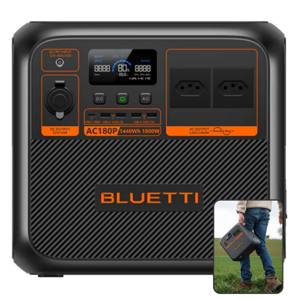 Estação de Energia Portátil Bluetti AC180P 1440Wh 1800W Potente Leve Solar 2700W De Pico