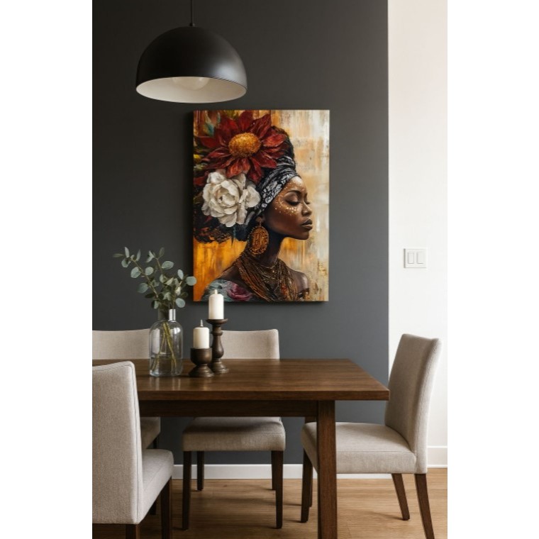 Quadro Decorativo Mulher Negra Africana Floral MDF 110x80 Para Sala Quarto Escritório