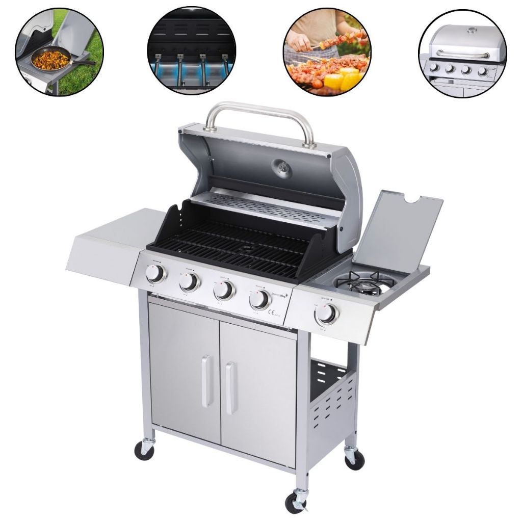 Churrasqueira Americana a Gás Inox Com 4 Queimadores Centrais e 1 Fogareiro Com Rodinhas