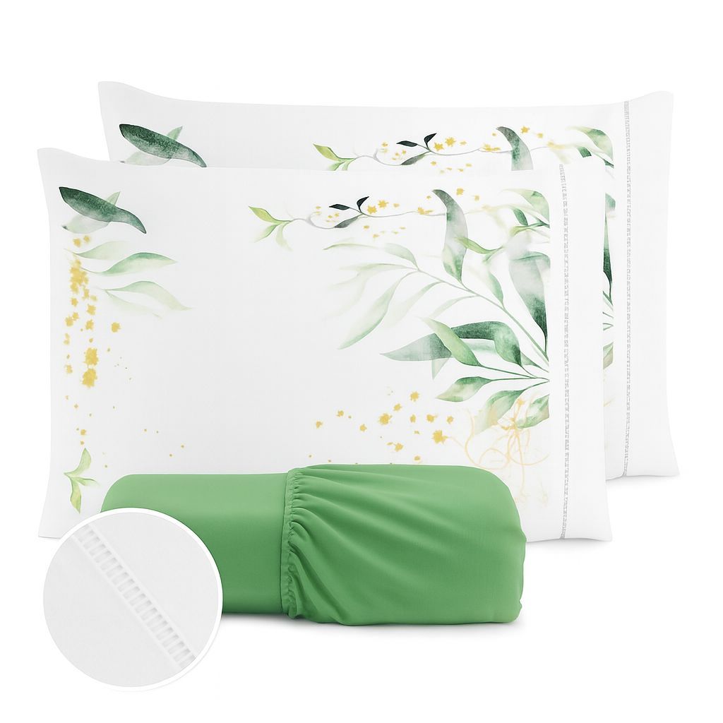 Kit Jogo de Cama Coumpouse Lençol MICROPERCAL 400 Fios PONTO PALITO - Fronha Estampada Flor Verde