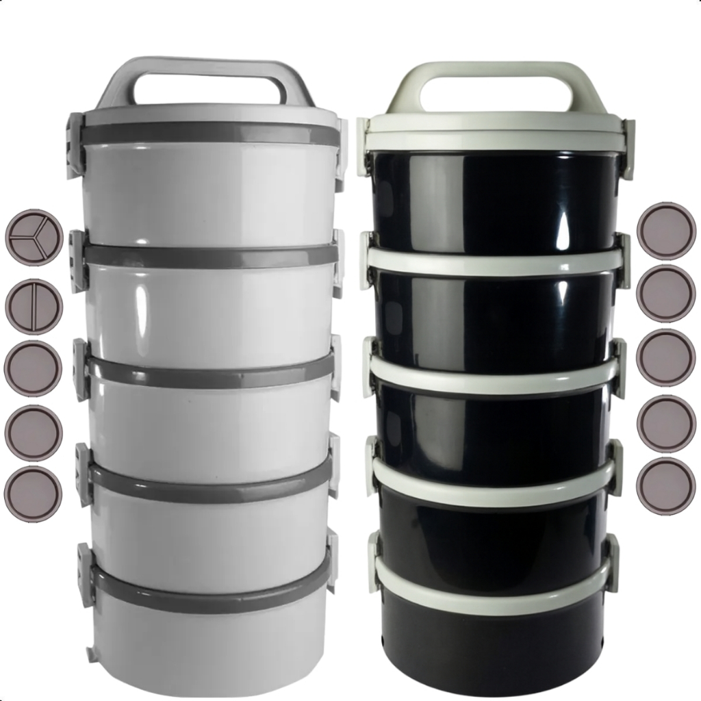 Kit 2 Jogos De Marmita 1,5 Litros Tekcor Com Divisória 8 Simples 1 Dupla 1 Tripla Cinza E Preto