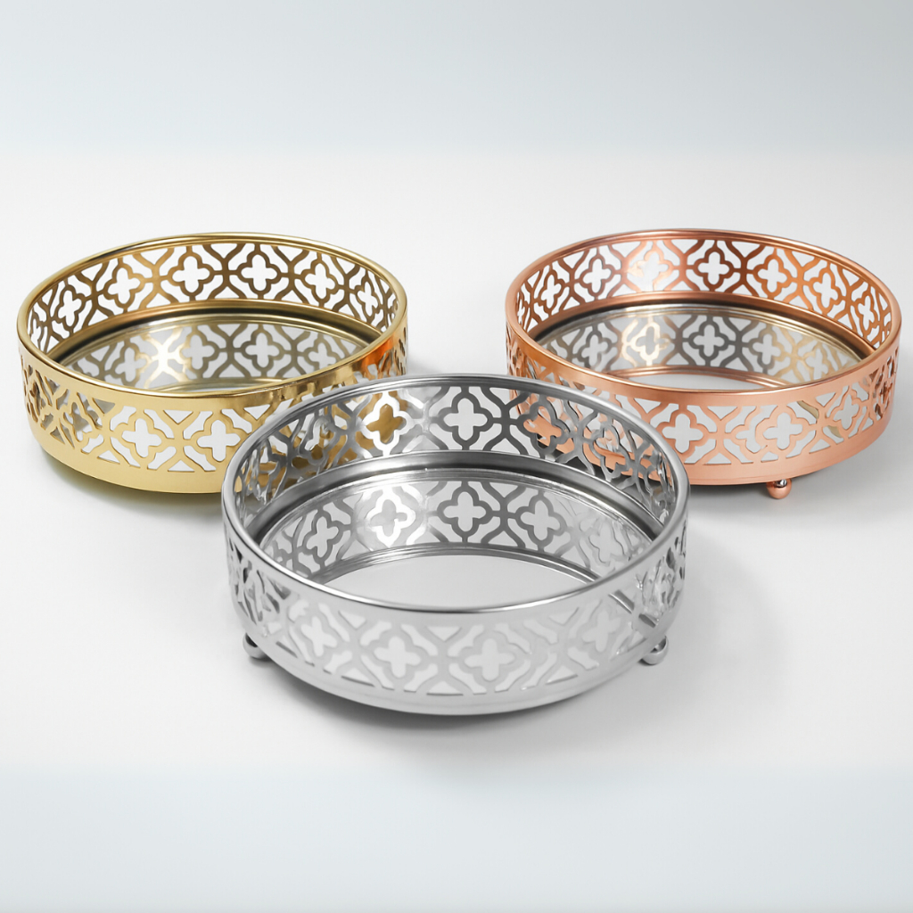 Bandeja Redonda - Dourada, Prata, Rose - com Espelho Decorativo 04x12cm