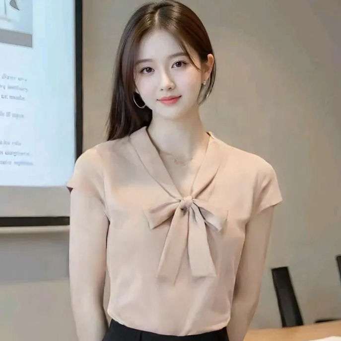 Blusa Camisa Feminina Laço Gravatinha Manga Curta Moda Evangelica Coreana Dorama