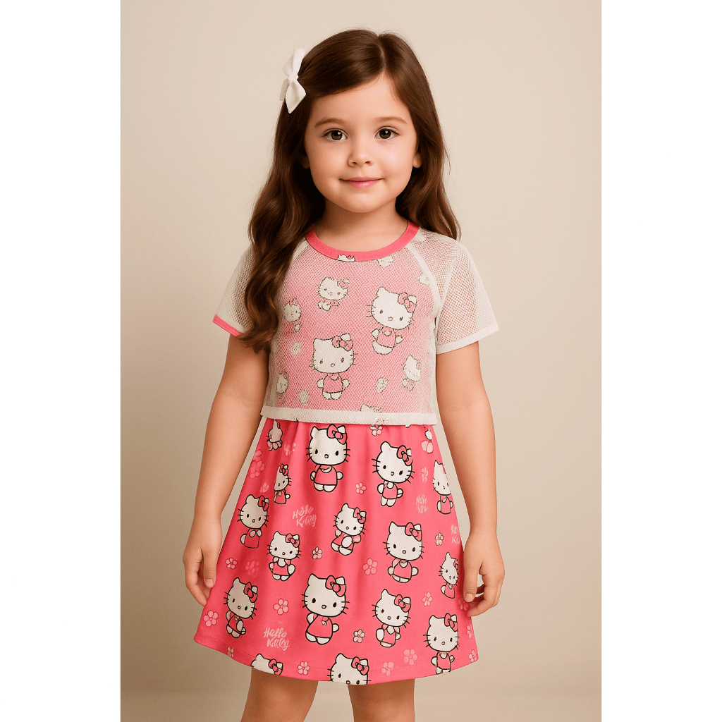 Vestido Menina Gatinha Moda 2 A 8 Anos Infantil Estampado + Blusa de Tule Estilo Blogueira Estilosa