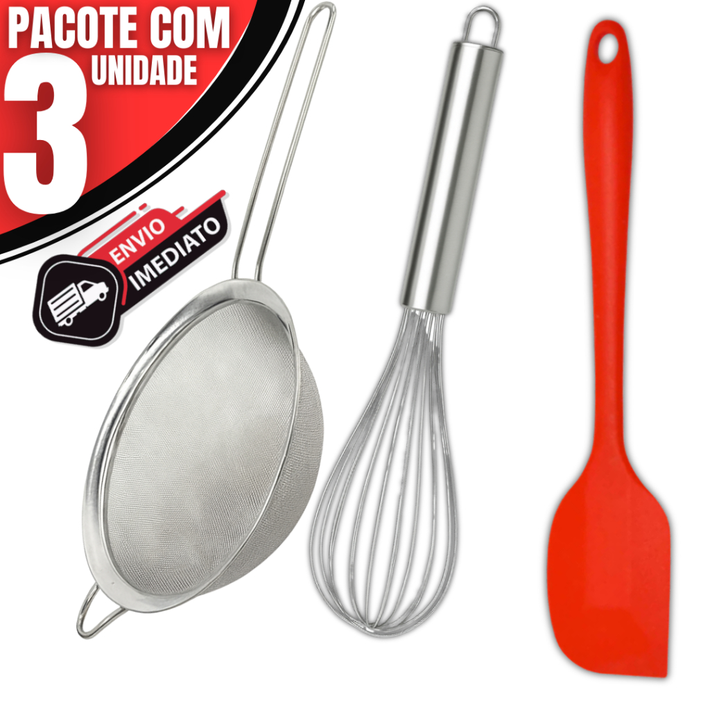 Kit Utensílios Cozinha Inox – Espátula Pão Duro, Fouet e Peneira | Confeitaria em Oferta na Shopee