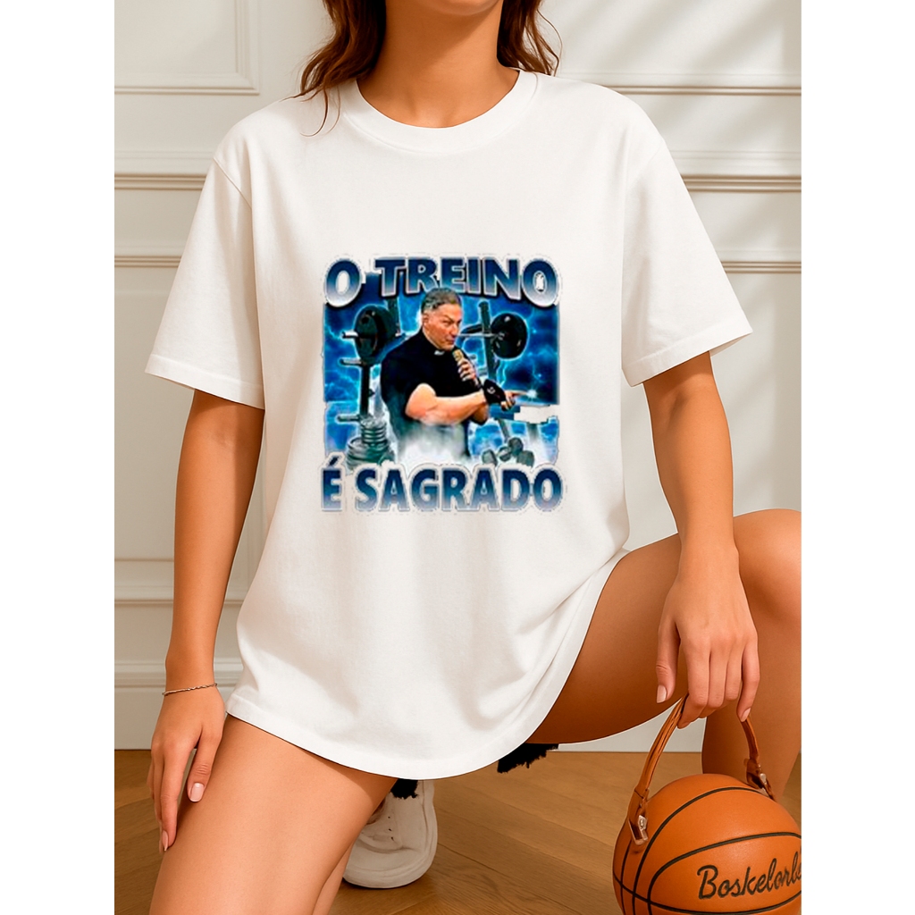 Camiseta Oversized Feminina Estampada 100% Algodão Camisetão Academia Treino Padre Marcelo Rossi Meme Treino Sagrado